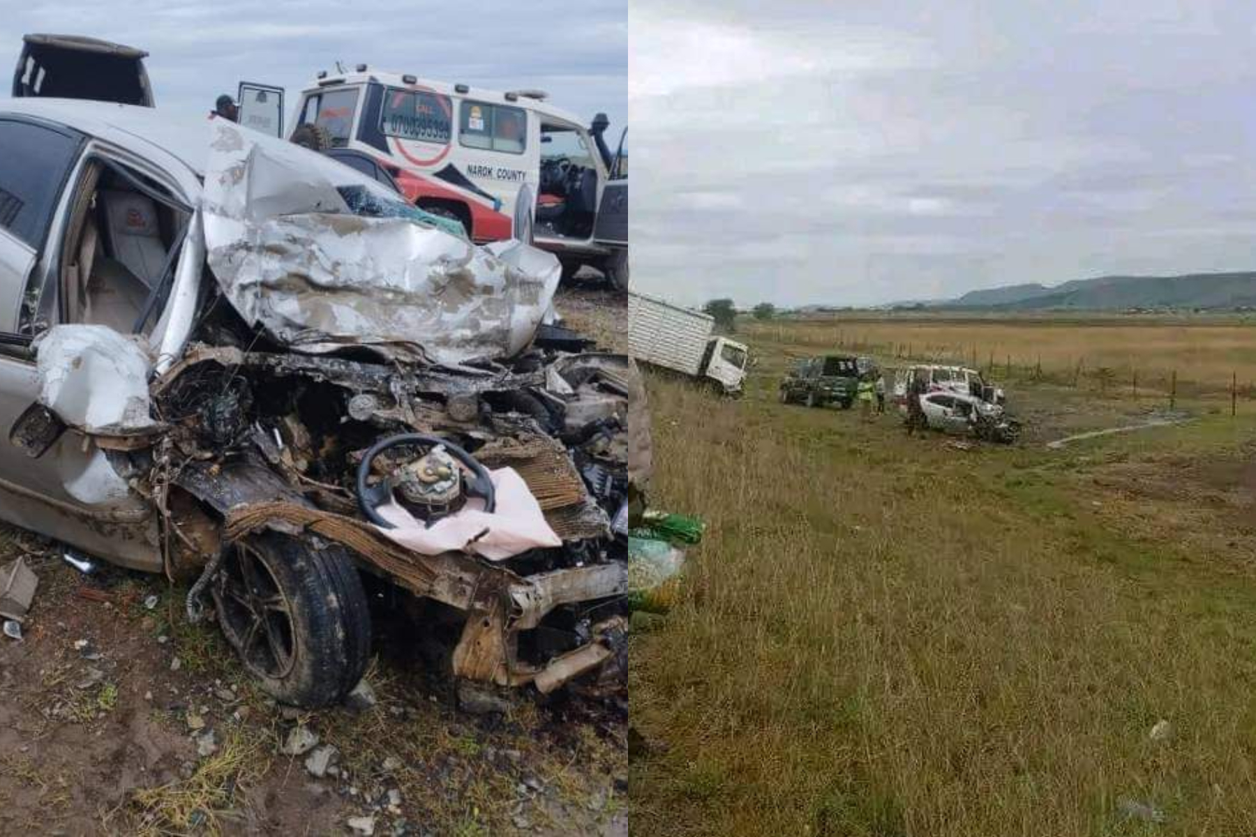 Photo collage of an accident along Narok-Bomet highway on Monday, March 25.
